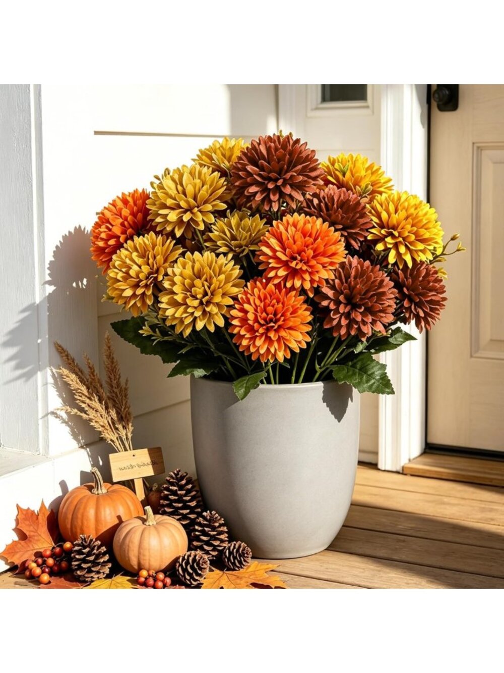 12 Bundles UV Resistant Artificial Fall Mums - Vibrant Orange Floral Decor